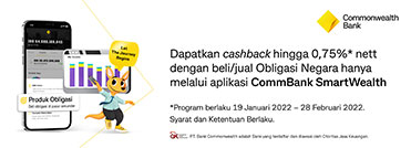 Dapatkan cashback hingga 0,75% nett dengan beli/jual Obligasi Negara hanya melalui aplikasi CommBank SmartWealth
